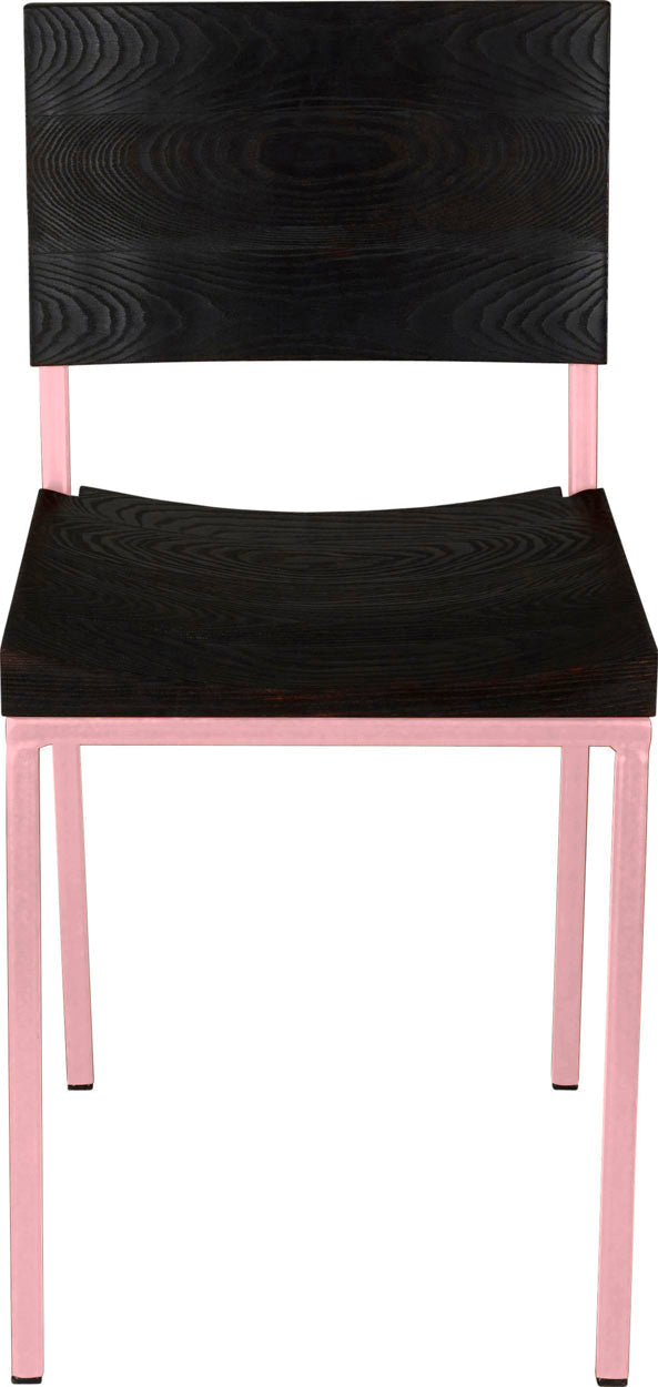 Pink metal chair with black stain ash wood made in UK - front view square frame