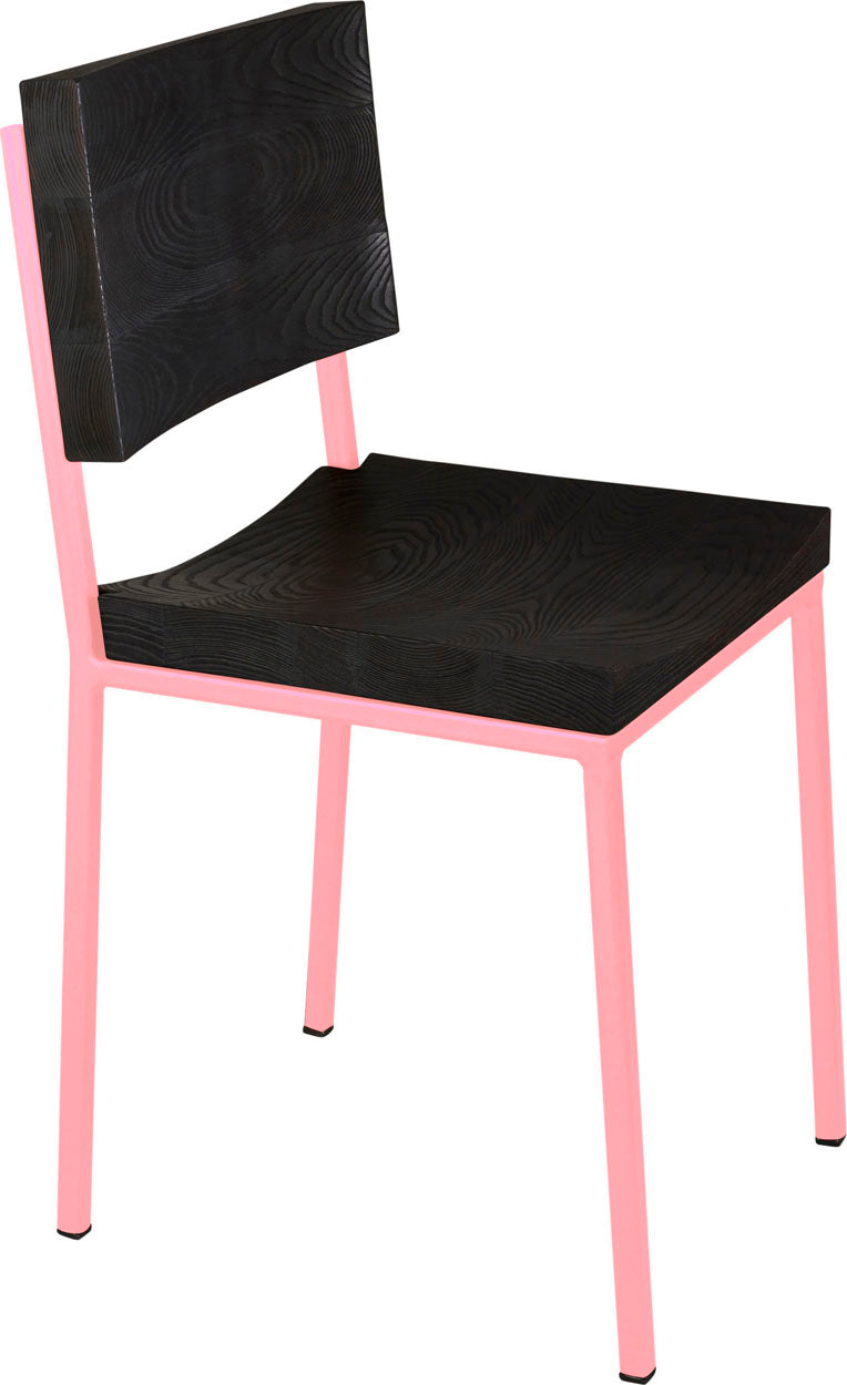 Pink metal chair with black stain ash wood made in UK - angle view square frame