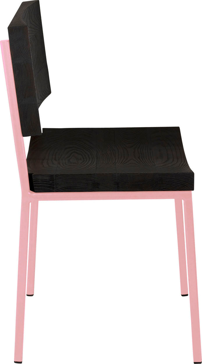 Pink metal chair with black stain ash wood made in UK - side view square frame