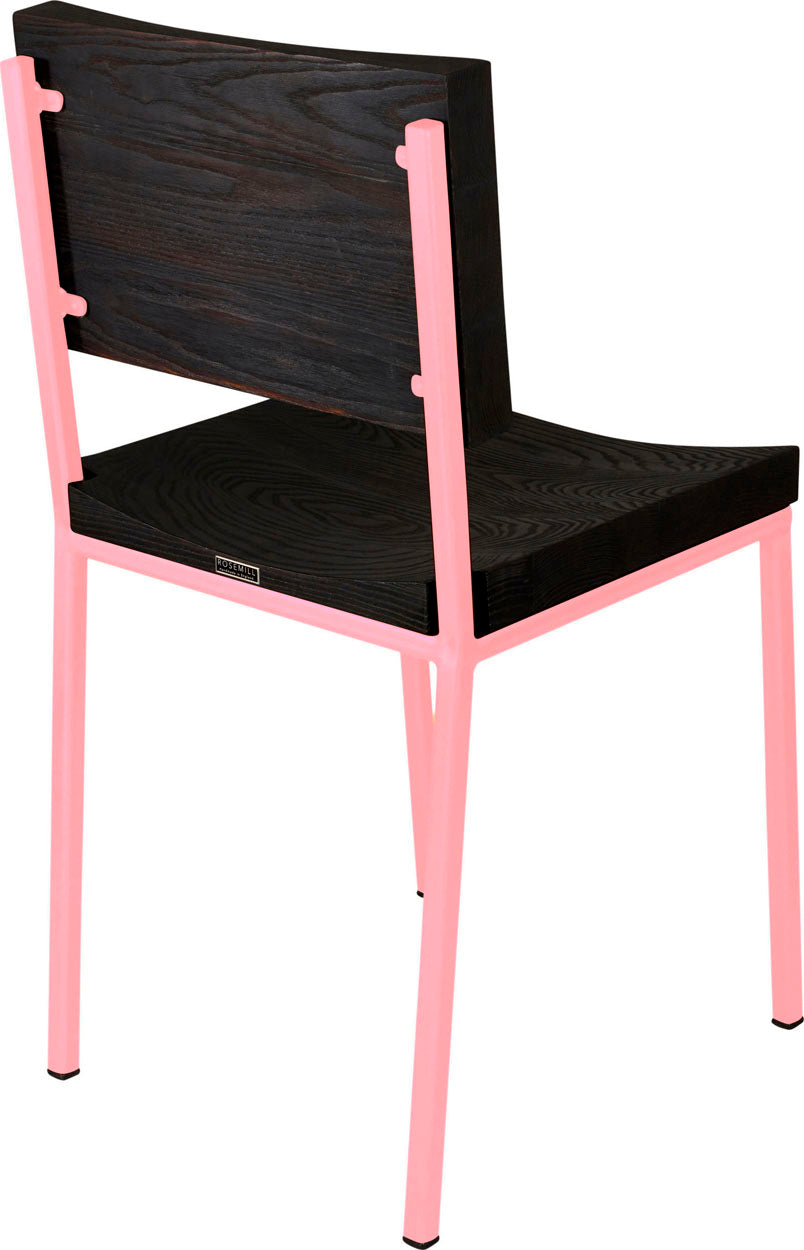 Pink metal chair with black stain ash wood made in UK - back side view square frame