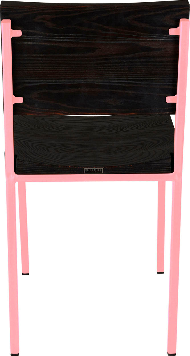 Pink metal chair with black stain ash wood made in UK - back view square frame