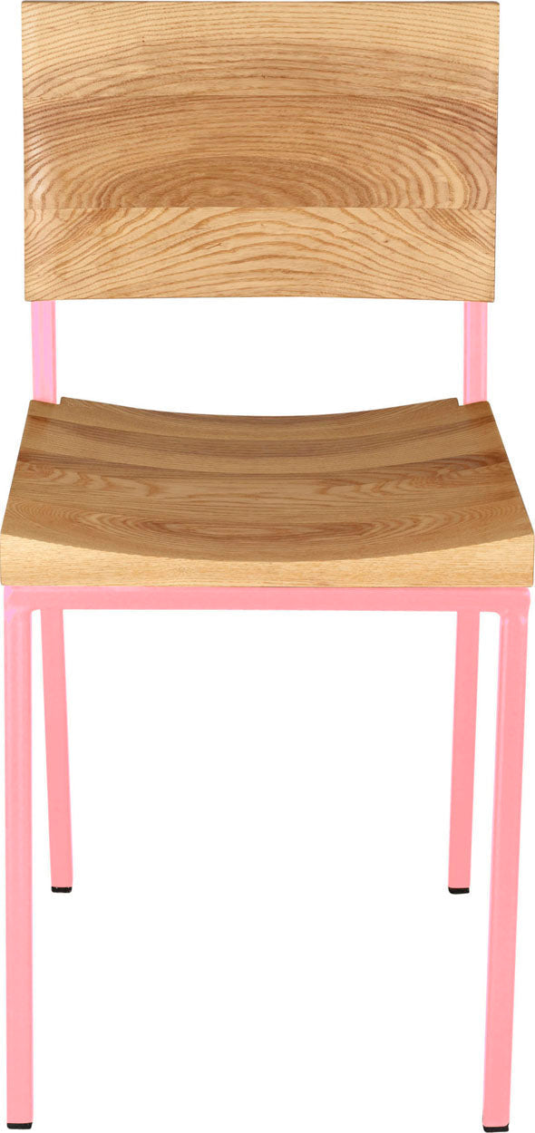Pink metal chair with natural stain ash wood made in UK - front view square frame