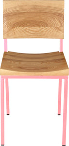 Pink metal chair with natural stain ash wood made in UK - front view square frame