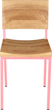 Load image into Gallery viewer, Pink metal chair with natural stain ash wood made in UK - front view square frame
