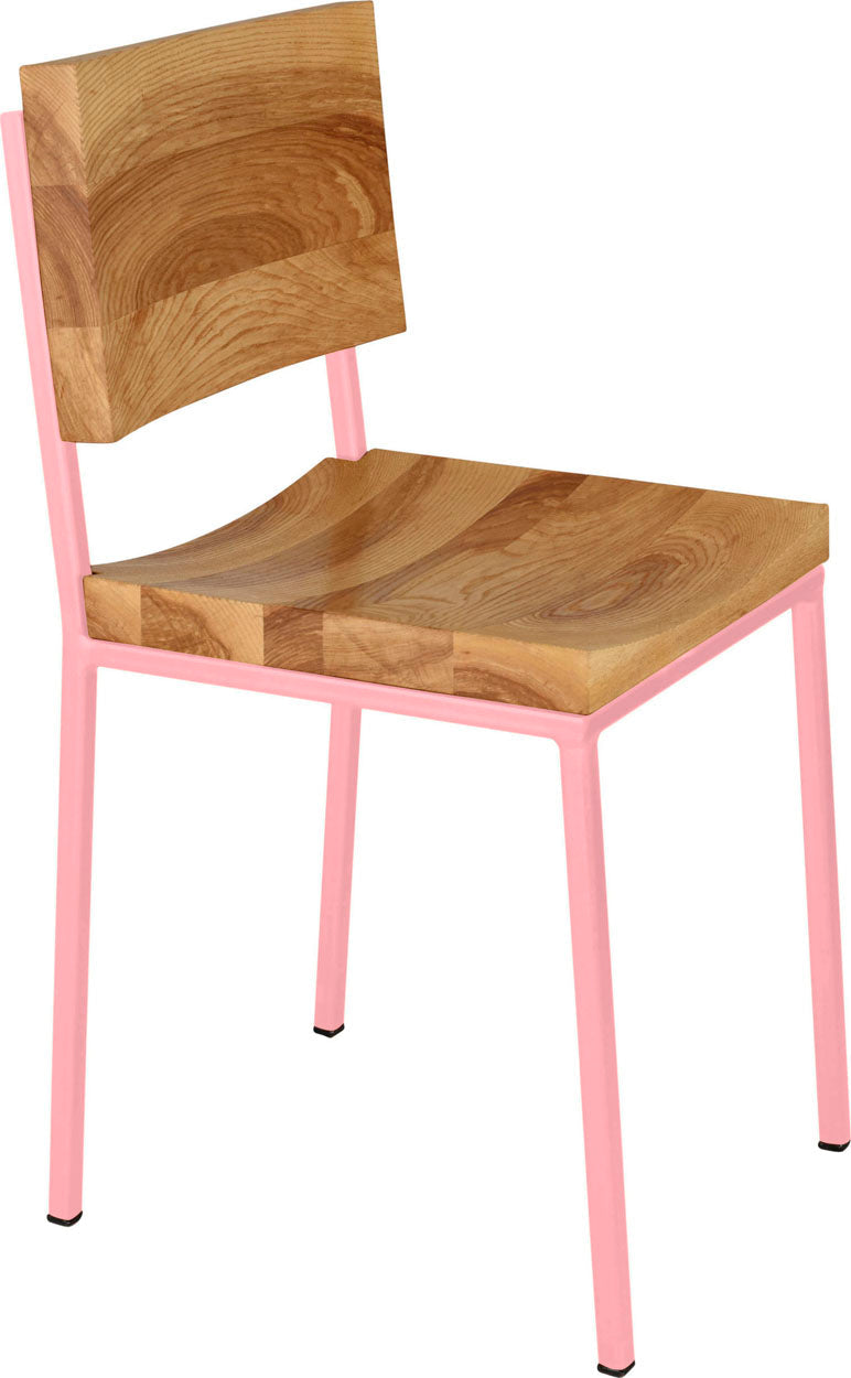 Pink metal chair with natural stain ash wood made in UK - angle view square frame