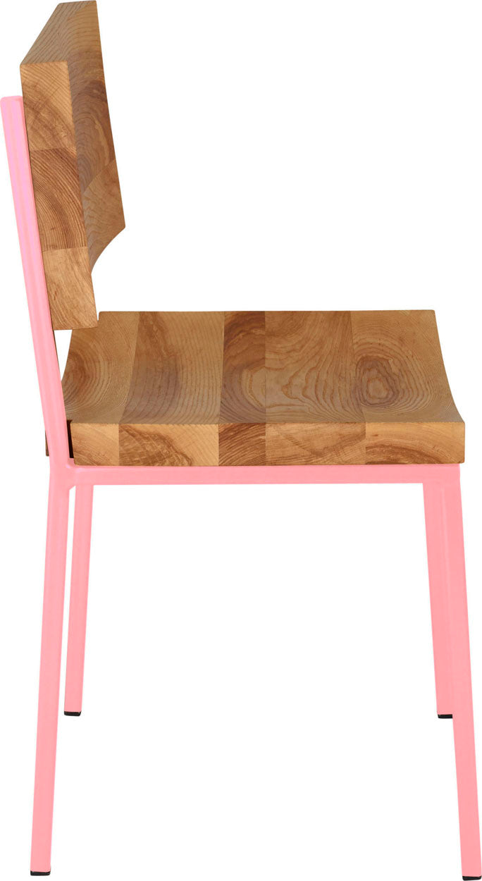 Pink metal chair with natural stain ash wood made in UK - side view square frame