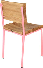 Load image into Gallery viewer, Pink metal chair with natural stain ash wood made in UK - back side view square frame
