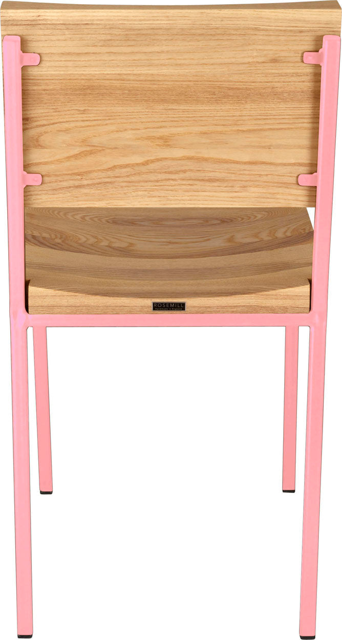 Pink metal chair with natural stain ash wood made in UK - back view square frame