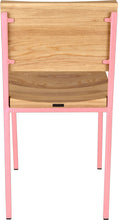 Load image into Gallery viewer, Pink metal chair with natural stain ash wood made in UK - back view square frame
