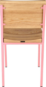 Pink metal chair with natural stain ash wood made in UK - back view square frame
