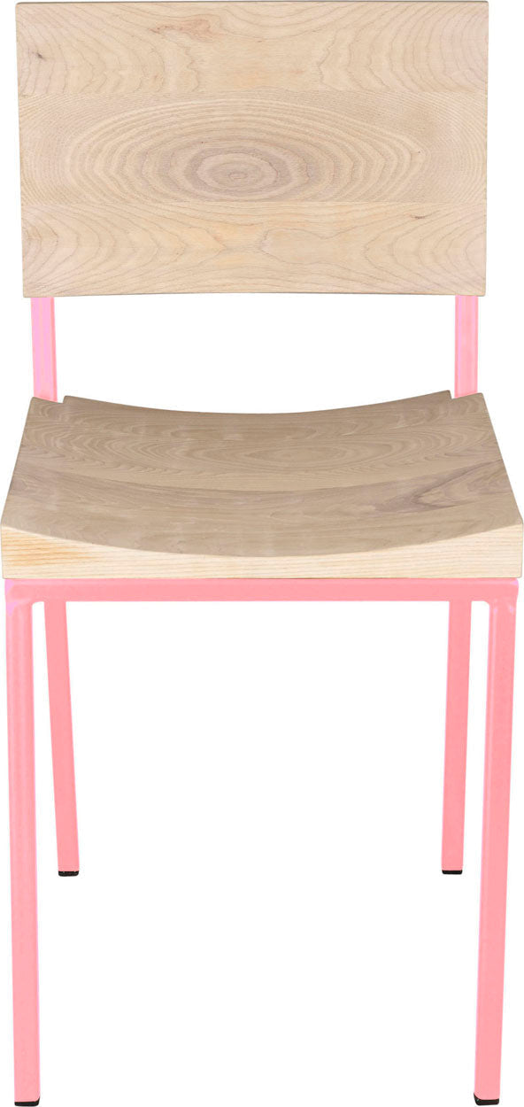 Pink metal chair with whitewash stain ash wood made in UK - front view square frame