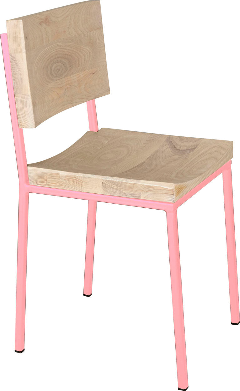 Pink metal chair with whitewash stain ash wood made in UK - angle view square frame