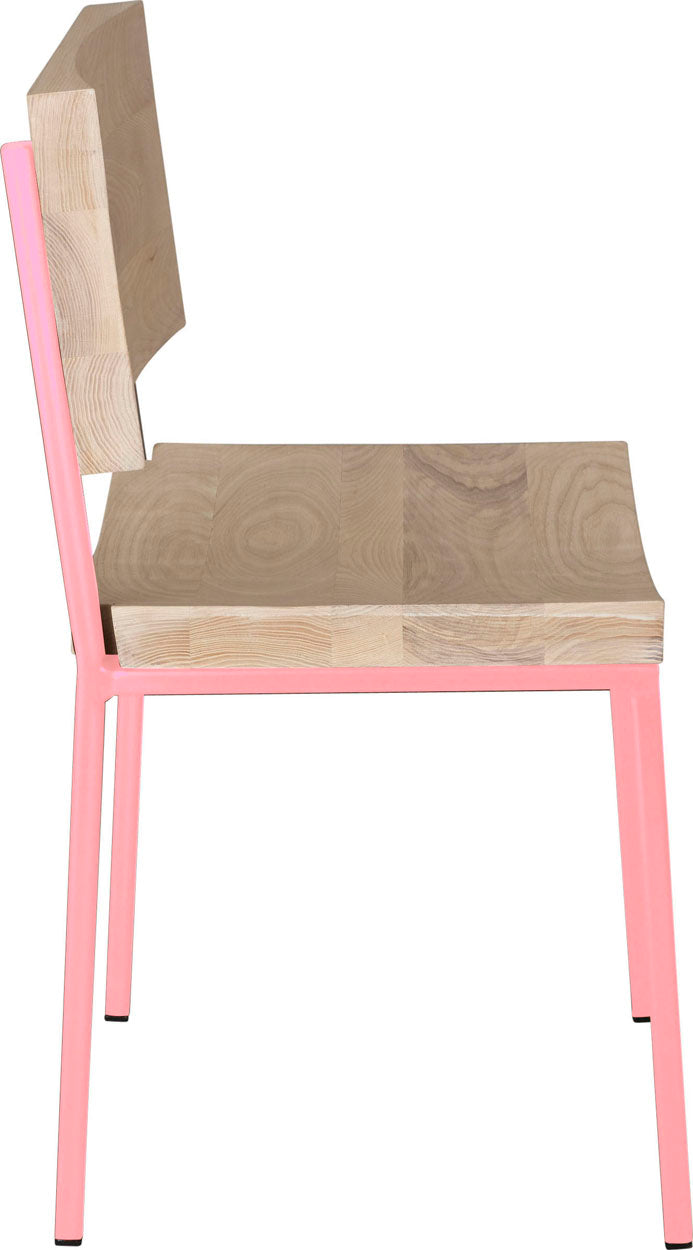 Pink metal chair with whitewash stain ash wood made in UK - side view square frame