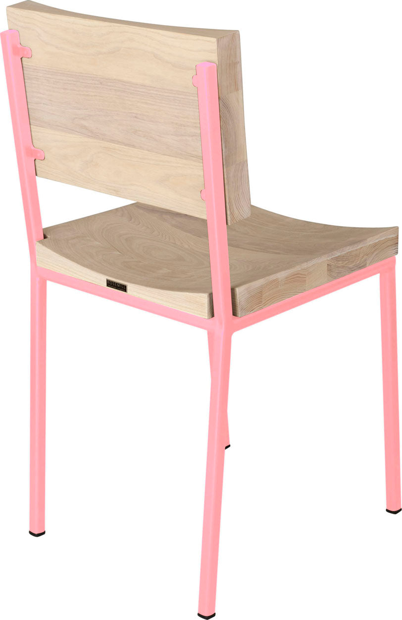 Pink metal chair with whitewash stain ash wood made in UK - back side view square frame