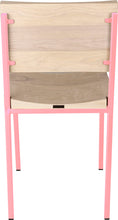 Load image into Gallery viewer, Pink metal chair with whitewash stain ash wood made in UK - back view square frame
