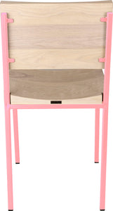 Pink metal chair with whitewash stain ash wood made in UK - back view square frame