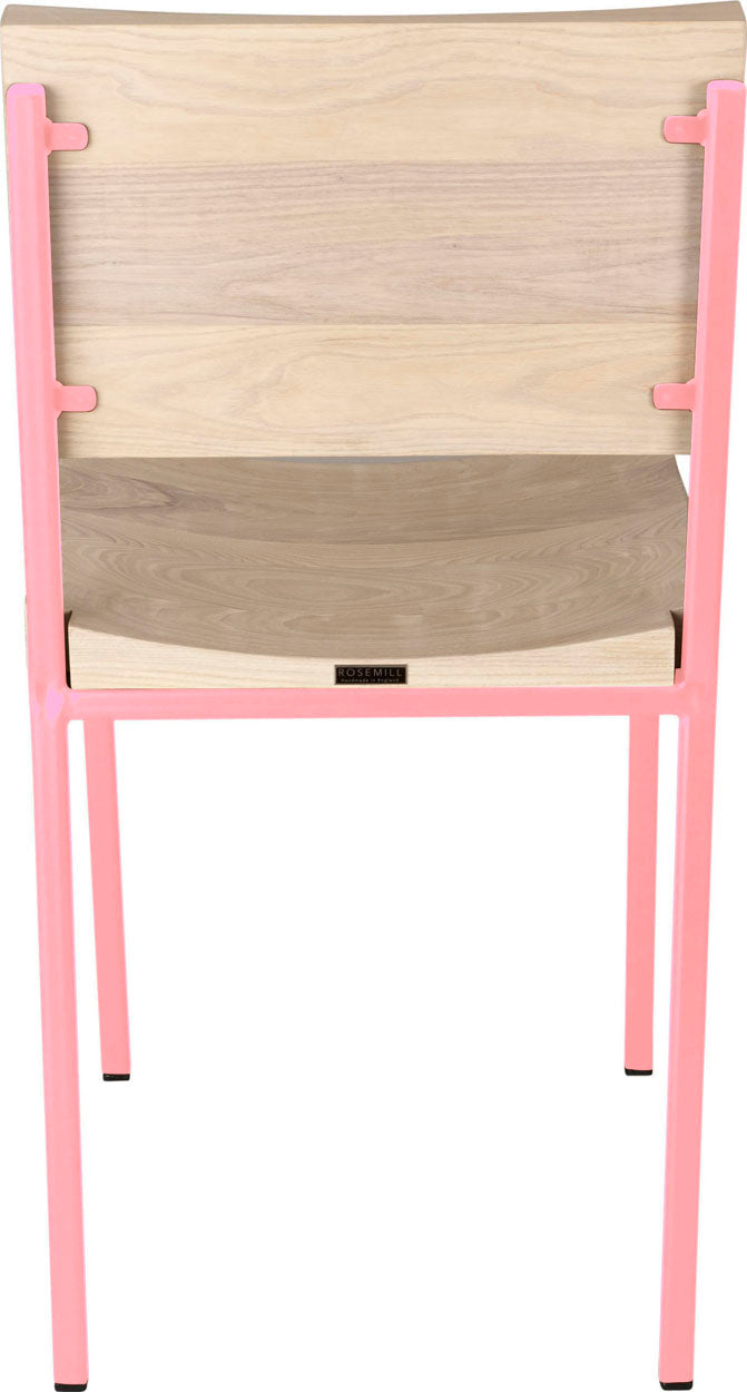 Pink metal chair with whitewash stain ash wood made in UK - back view square frame