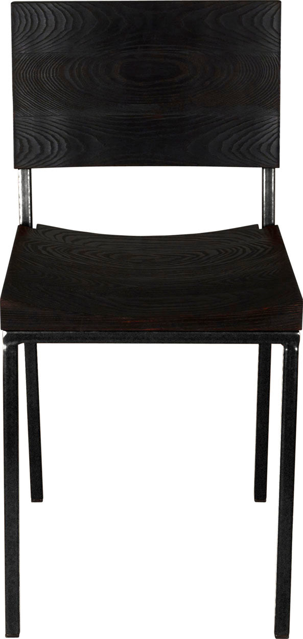 Gloss black metal chair with black stain ash wood made in UK - front view square frame
