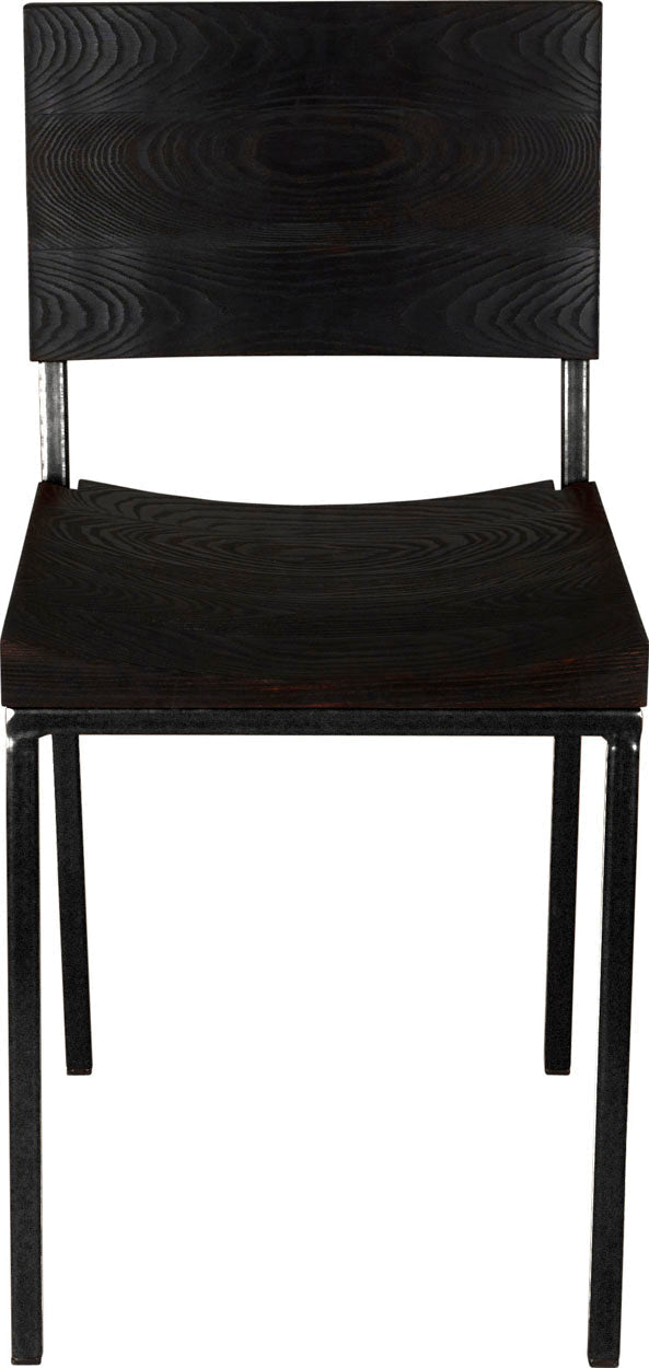Gloss black metal chair with black stain ash wood made in UK - front view square frame