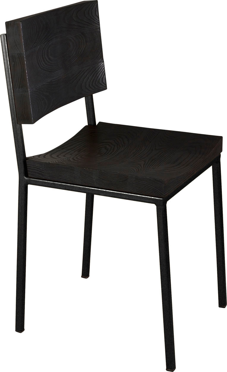 Gloss black metal chair with black stain ash wood made in UK - angle view square frame