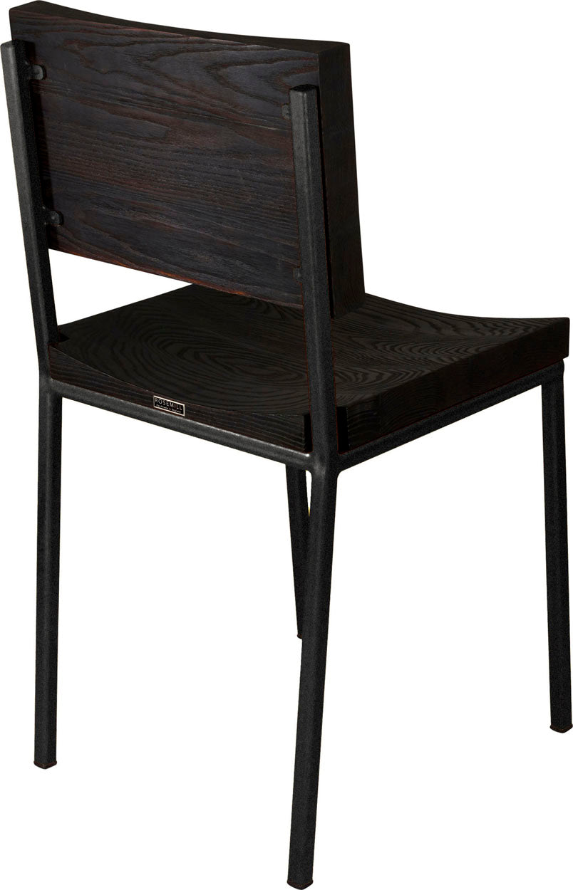 Gloss black metal chair with black stain ash wood made in UK - back side view square frame