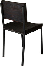 Load image into Gallery viewer, Gloss black metal chair with black stain ash wood made in UK - back side view square frame
