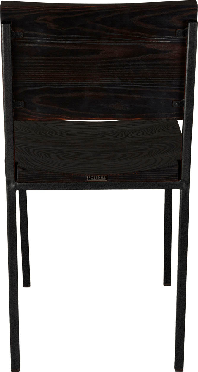 Gloss black metal chair with black stain ash wood made in UK - back view square frame