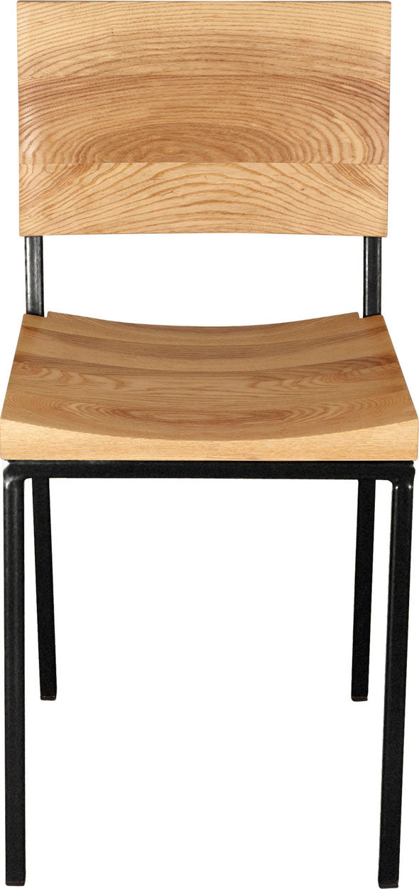 Gloss black metal chair with natural stain ash wood made in UK - front view square frame