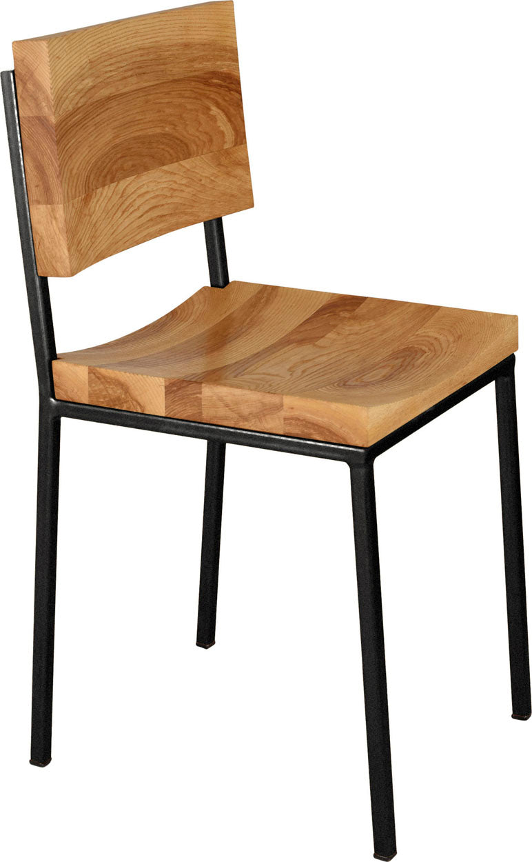 Gloss black metal chair with natural stain ash wood made in UK - angle view square frame
