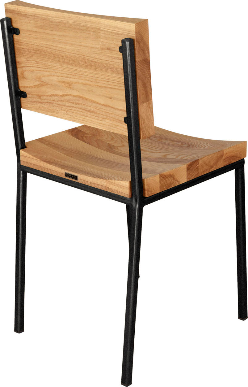 Gloss black metal chair with natural stain ash wood made in UK - back side view square frame