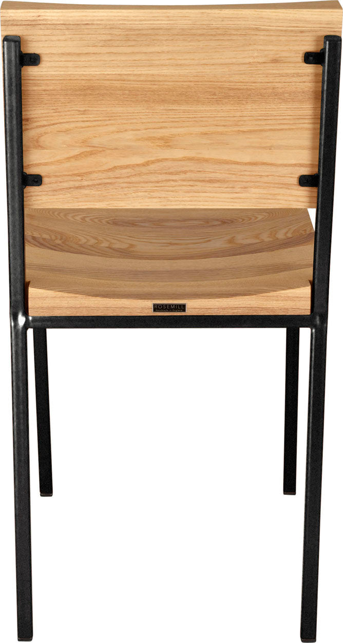 Gloss black metal chair with natural stain ash wood made in UK - back view square frame