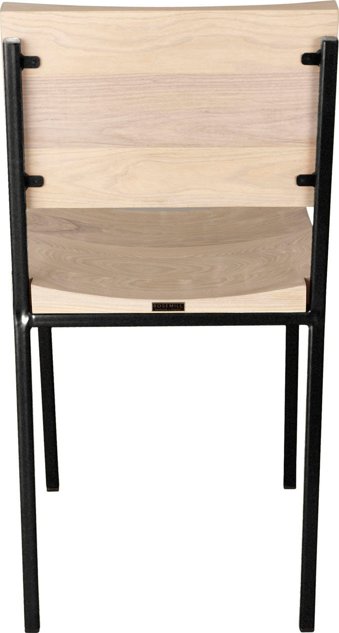 Gloss black metal chair with whitewash stain ash wood made in UK - back view square frame