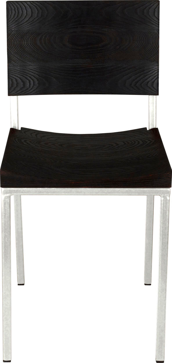 Gloss white metal chair with black stain ash wood made in UK - front view square frame