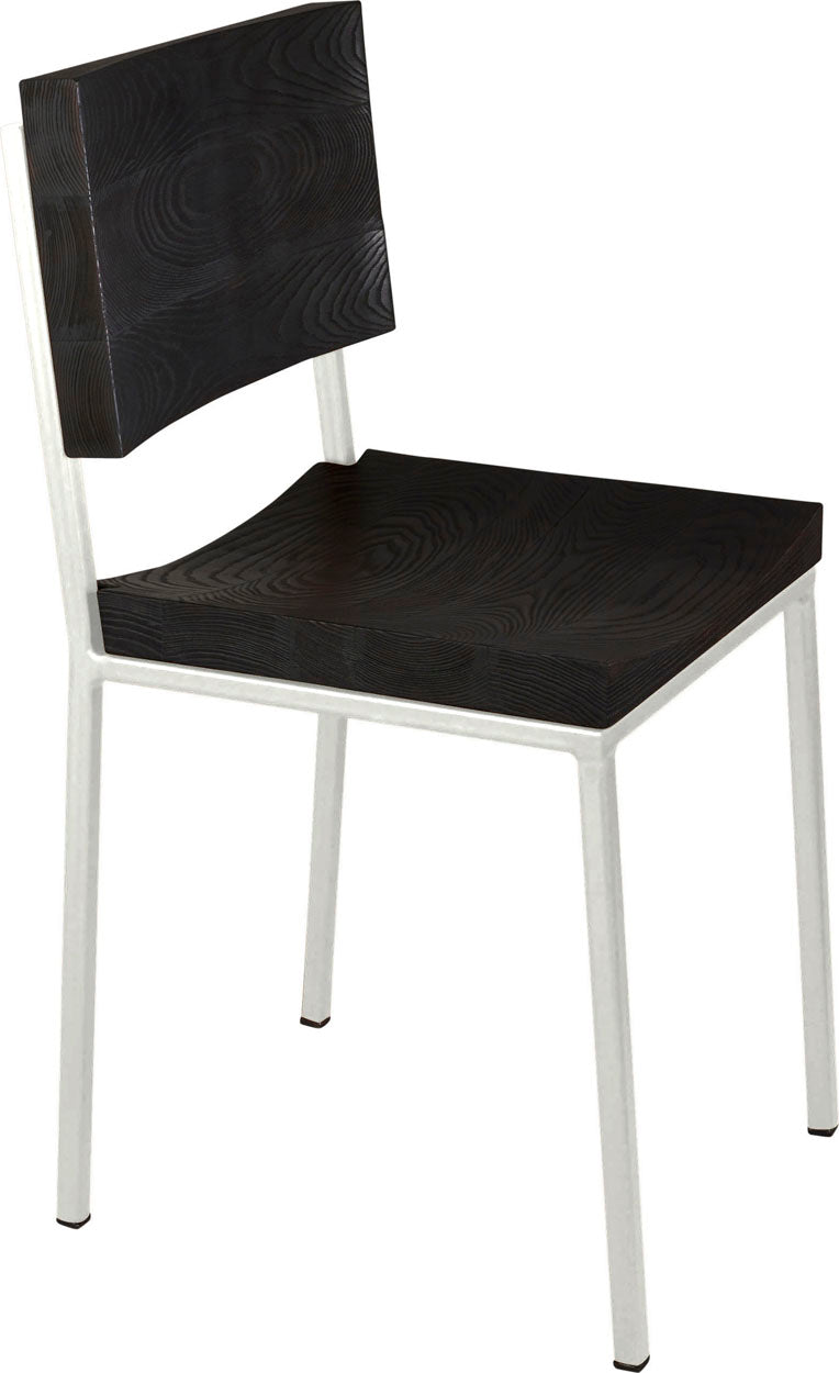Gloss white metal chair with black stain ash wood made in UK - angle view square frame