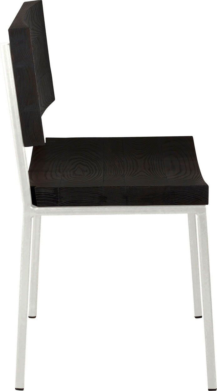 Gloss white metal chair with black stain ash wood made in UK - side view square frame