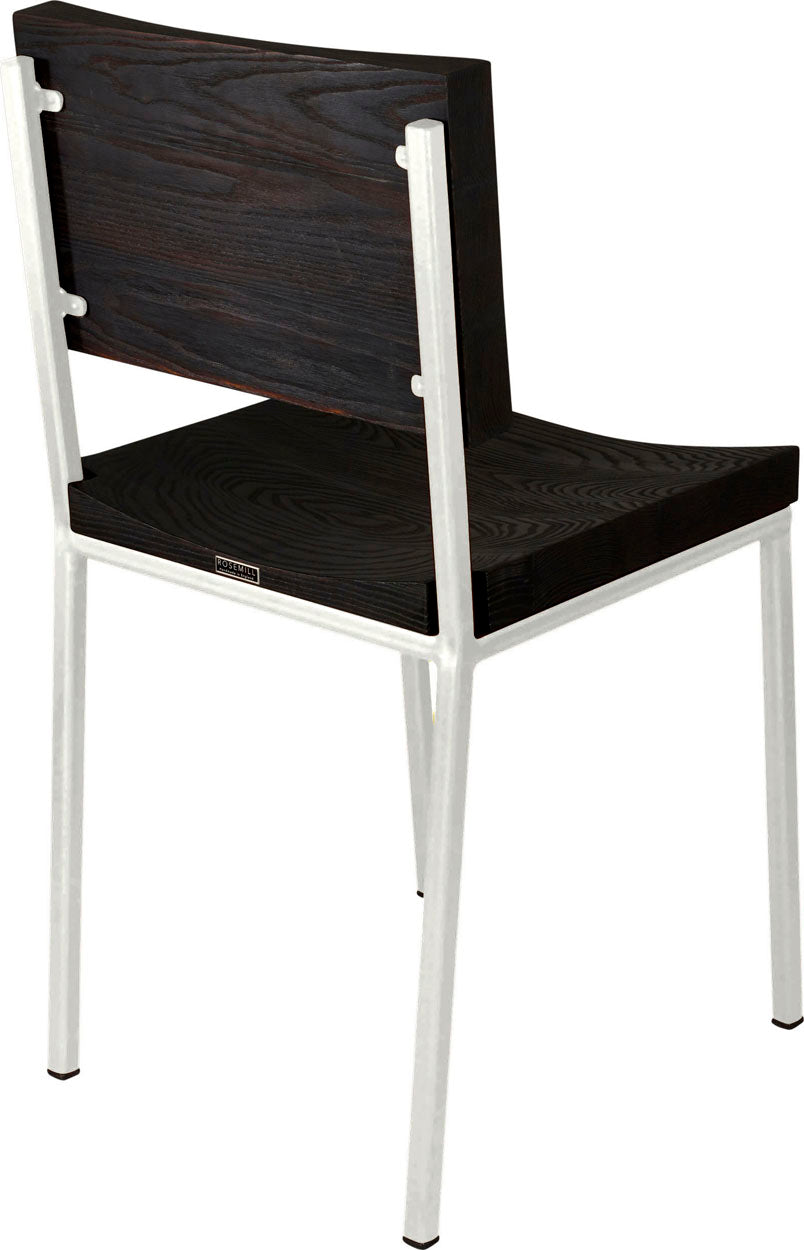 Gloss white metal chair with black stain ash wood made in UK - back side view square frame