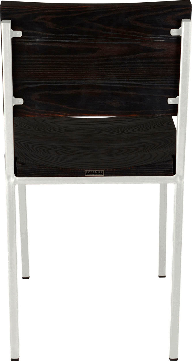 Gloss white metal chair with black stain ash wood made in UK - back view square frame