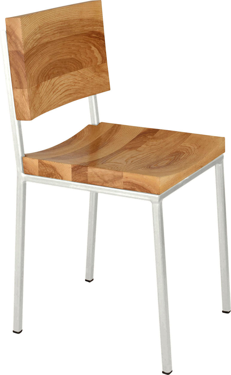 Gloss white metal chair with natural stain ash wood made in UK - angle view square frame