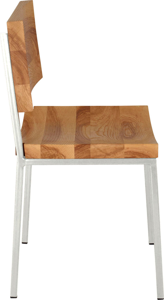 Gloss white metal chair with natural stain ash wood made in UK - side view square frame