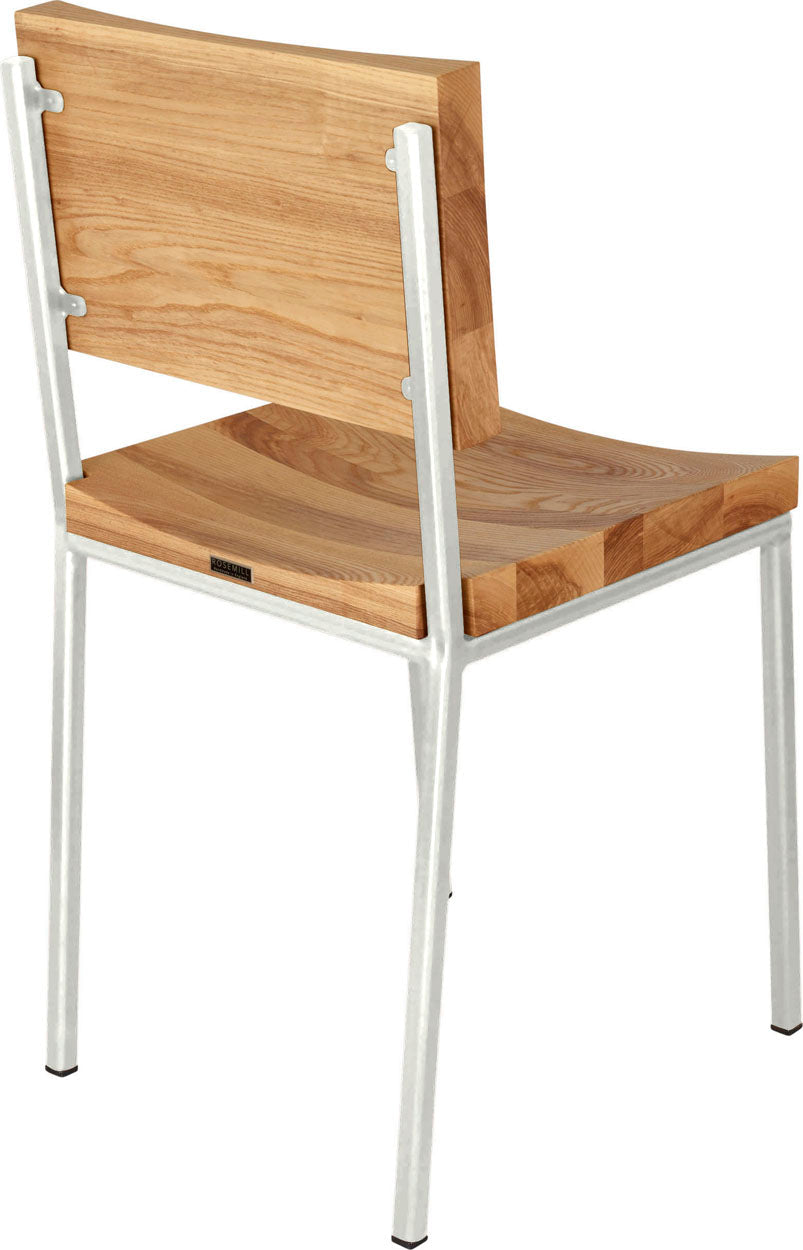 Gloss white metal chair with natural stain ash wood made in UK - back side view square frame