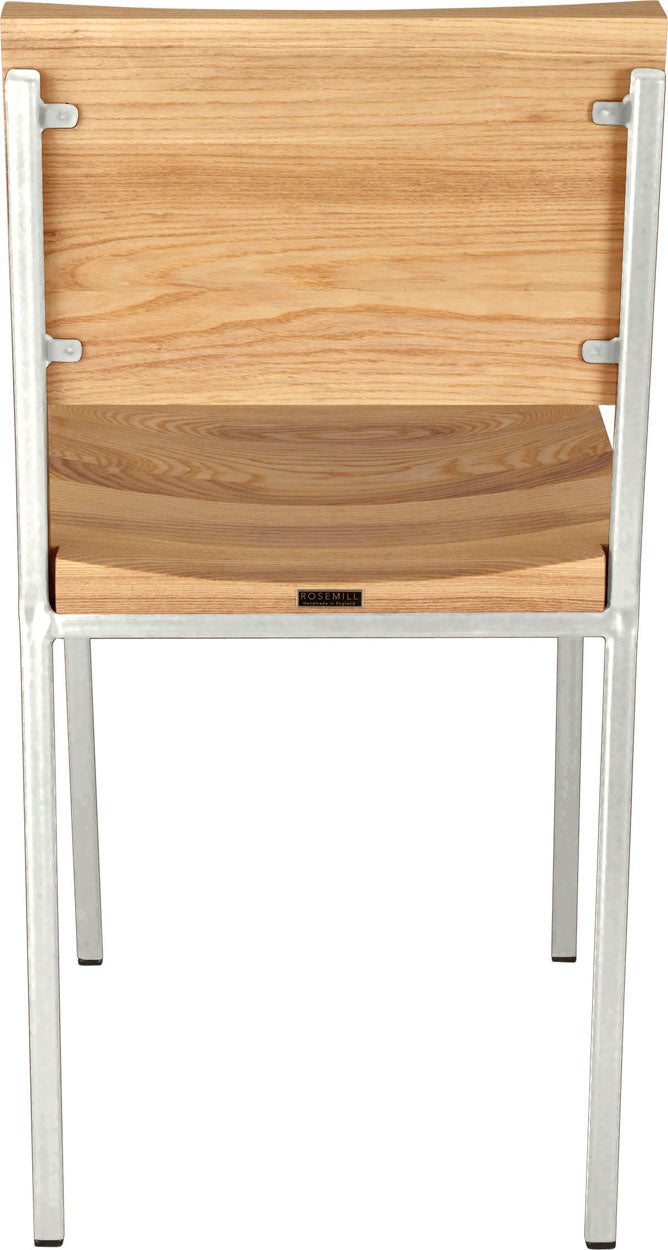 Gloss white metal chair with natural stain ash wood made in UK - back view square frame