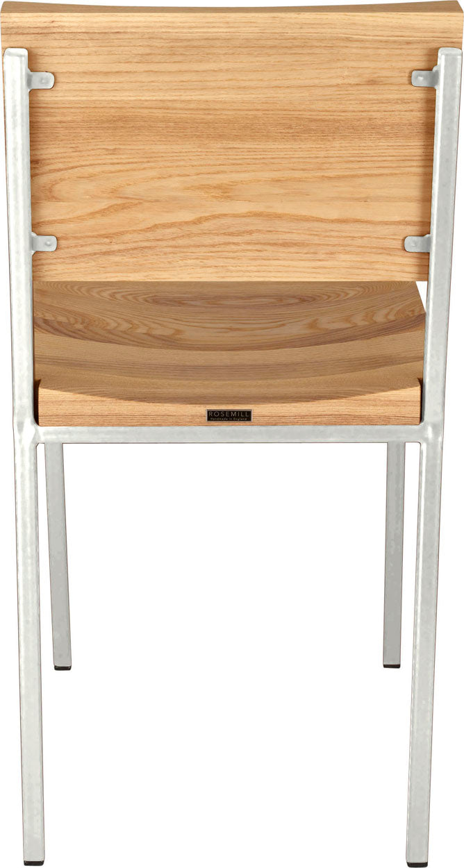 Gloss white metal chair with natural stain ash wood made in UK - back view square frame