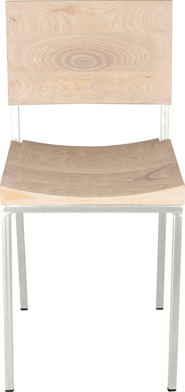 Gloss white metal chair with whitewash stain ash wood made in UK - front view square frame