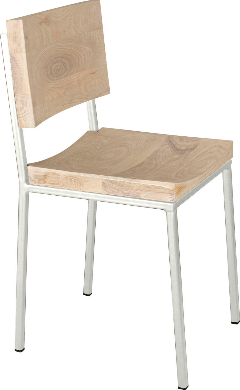 Gloss white metal chair with whitewash stain ash wood made in UK - angle view square frame