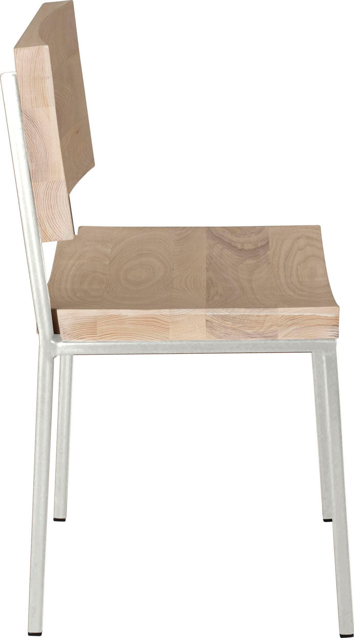 Gloss white metal chair with whitewash stain ash wood made in UK - side view square frame