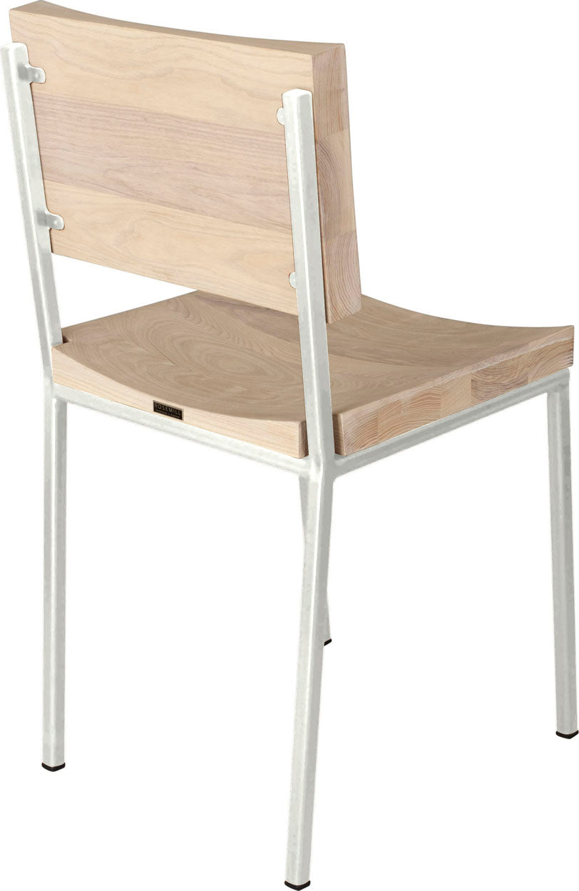 Gloss white metal chair with whitewash stain ash wood made in UK - back side view square frame