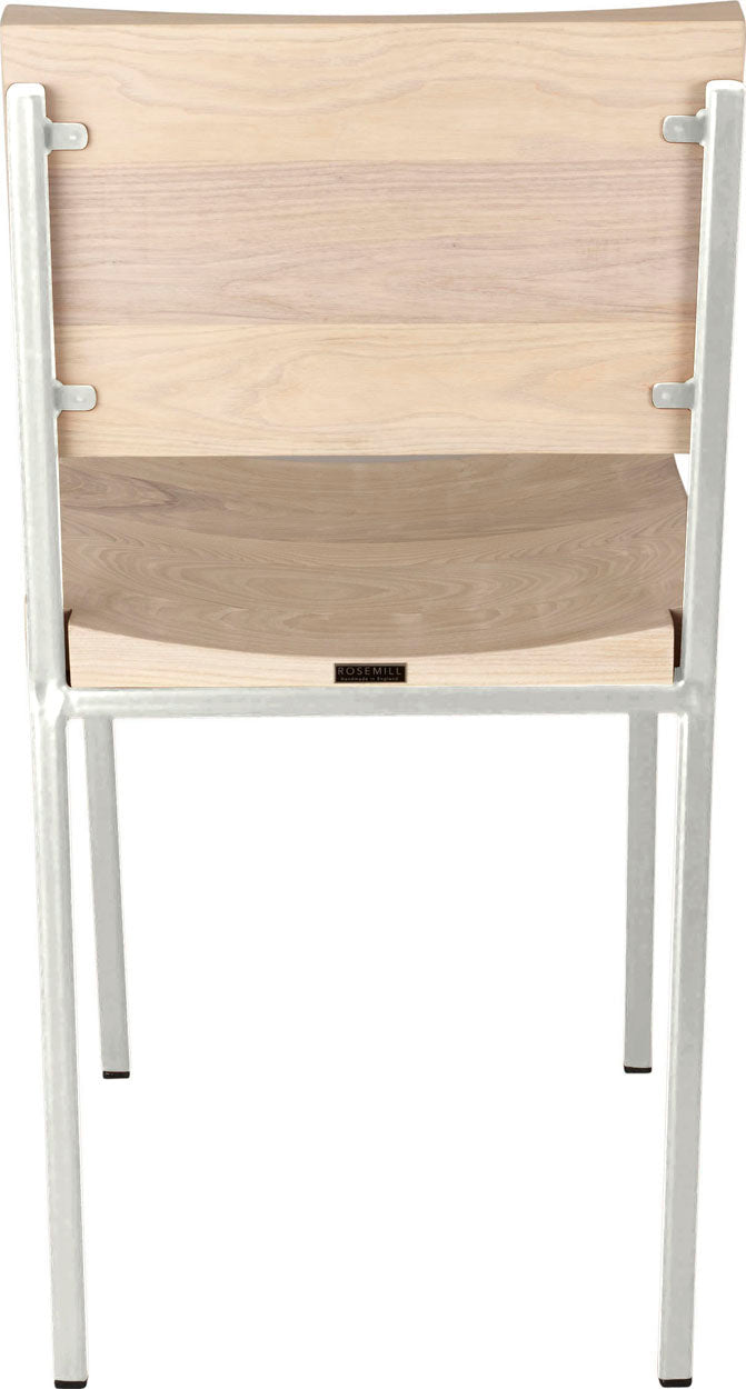 Gloss white metal chair with whitewash stain ash wood made in UK - back view square frame