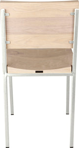 Gloss white metal chair with whitewash stain ash wood made in UK - back view square frame