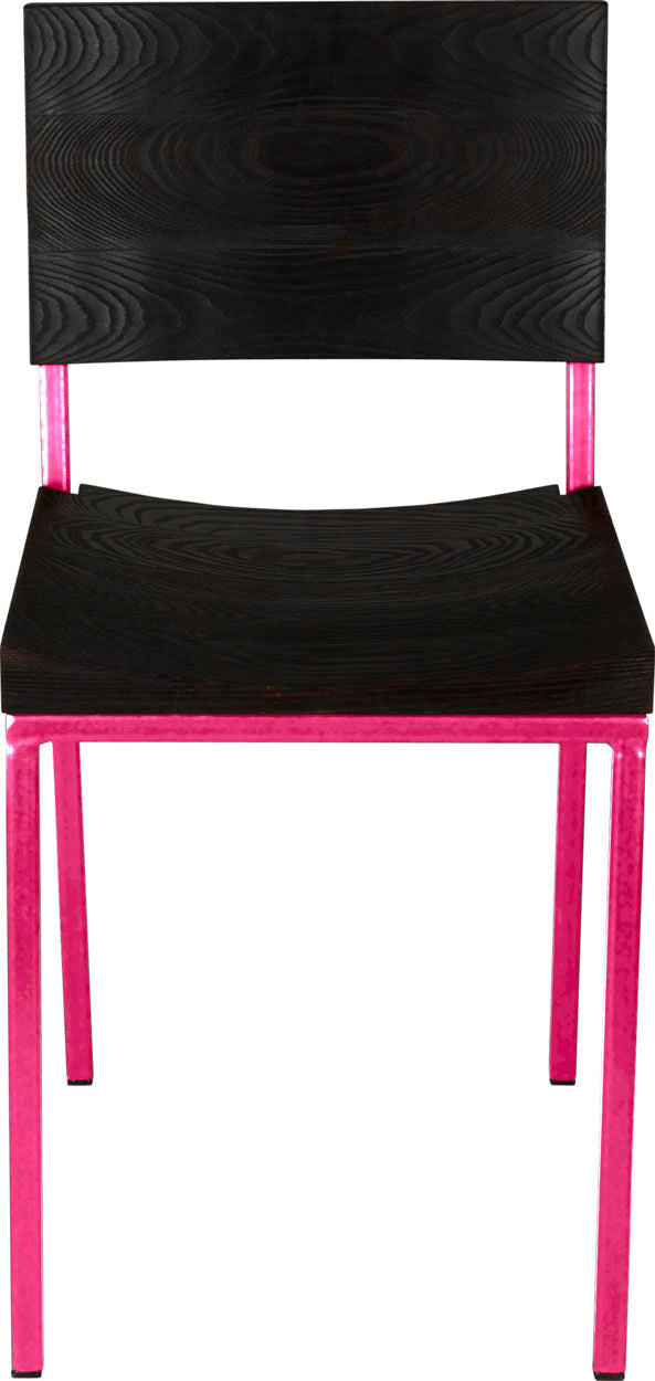 Hot pink metal chair with black stain ash wood made in UK - front view square frame