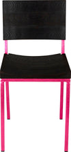 Load image into Gallery viewer, Hot pink metal chair with black stain ash wood made in UK - front view square frame
